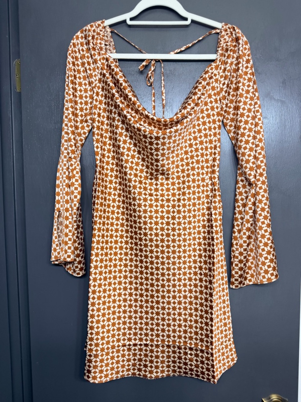Rust Geometric Print Cowl Neck Dress